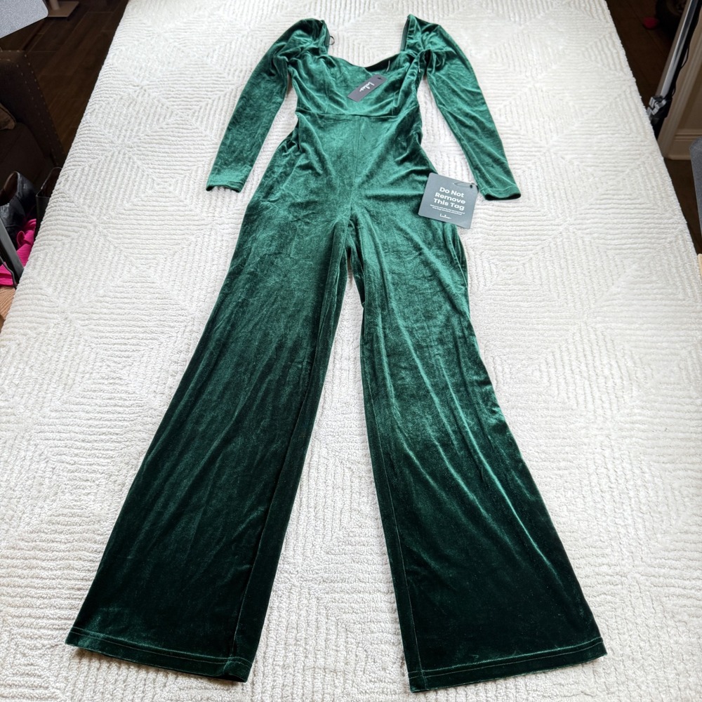 Lulus Velvet Jumpsuit Womens XS Green Wide Leg Formal Holiday Party Cocktail